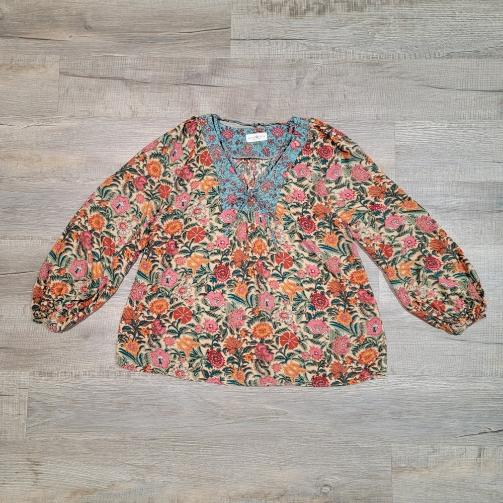 Natural Life Womens Medium Floral Boho V-Neck Long Sleeve Blouse Top Multi-Color